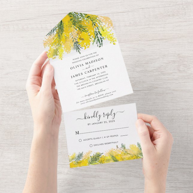 Rustic Boho Mustard Yellow Floral Summer Wedding All In One Invitation (Tearaway)