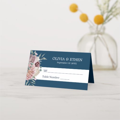 Rustic Boho navy blue floral Place Card