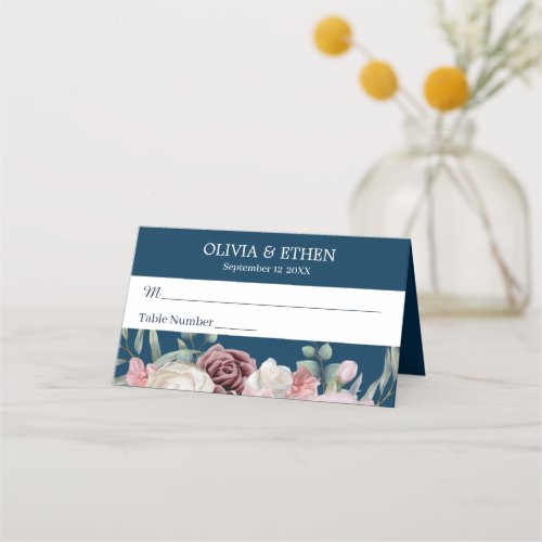 Rustic Boho navy blue floral Place Card