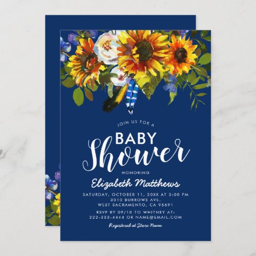 Rustic Boho Navy Blue Sunflower Baby Shower Invitation