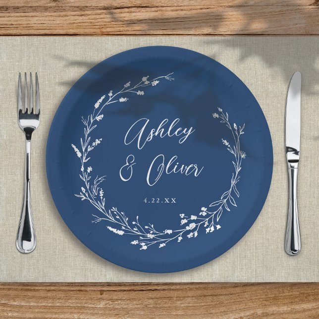 Rustic Boho Navy Blue Wildflower Floral Wedding Paper Plates (Creator Uploaded)