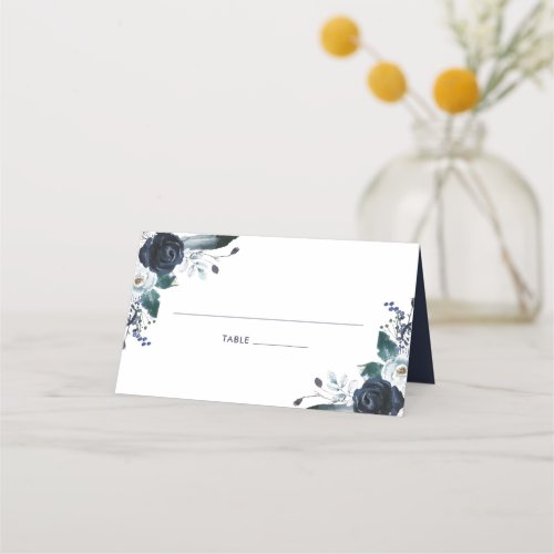 Rustic Boho Navy Floral Wedding Place Card - Elegant navy wedding place cards featuring a chic white background that can be changed to any color, rustic boho blue watercolor flowers, and a text template that is easy to personalize.