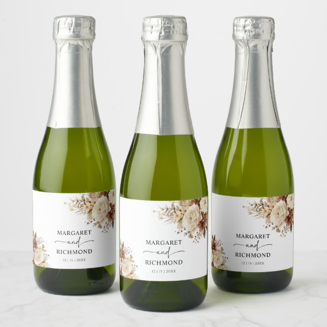 Rustic Boho Neutral Floral Wedding Sparkling Wine Label (Bottles)