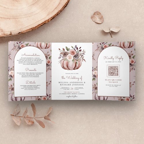 Rustic Boho Neutral Pumpkin Floral QR Code Wedding Tri_Fold Invitation
