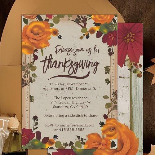 Rustic Boho Orange Fall Floral Thanksgiving Dinner Invitation