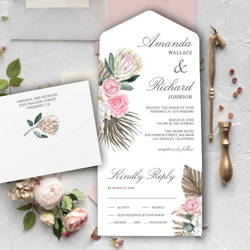 Rustic Boho Palm Blush Pink Protea Floral Wedding All In One Invitation