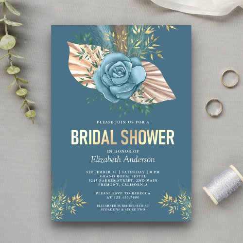 Rustic Boho Palm Dusty Blue Floral Bridal Shower Invitation