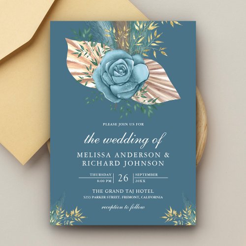 Rustic Boho Palm Dusty Blue Floral Wedding Invitation