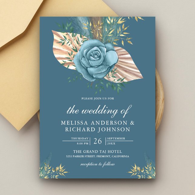 Rustic Boho Palm Dusty Blue Floral Wedding Invitation (Creator Uploaded)
