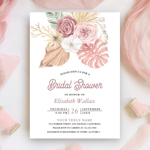 Rustic Boho Palm Dusty Pink Roses Bridal Shower Invitation