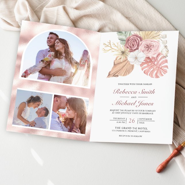 Rustic Boho Palm Dusty Pink Roses QR Code Wedding Invitation (Creator Uploaded)