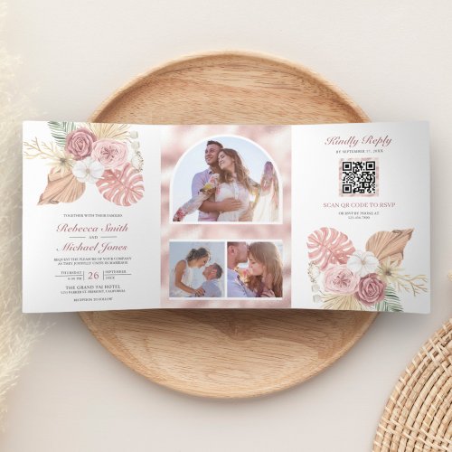 Rustic Boho Palm Dusty Pink Roses QR Code Wedding Tri_Fold Invitation