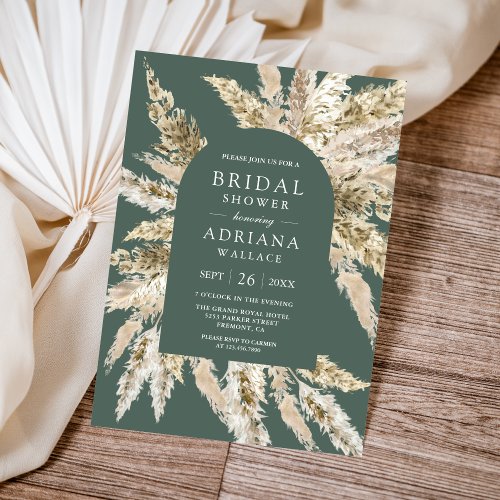 Rustic Boho Pampas Arch Sage Green Bridal Shower Invitation