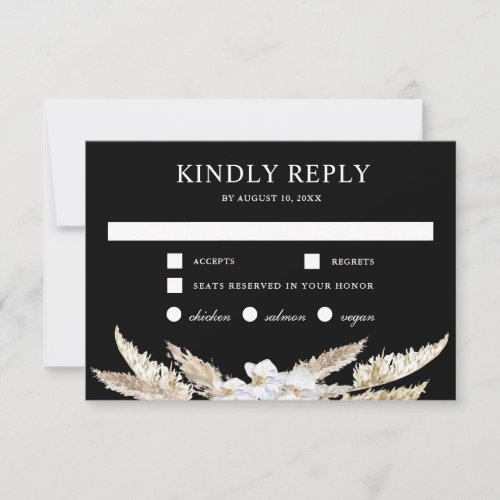 Rustic Boho Pampas Black Wedding RSVP Card