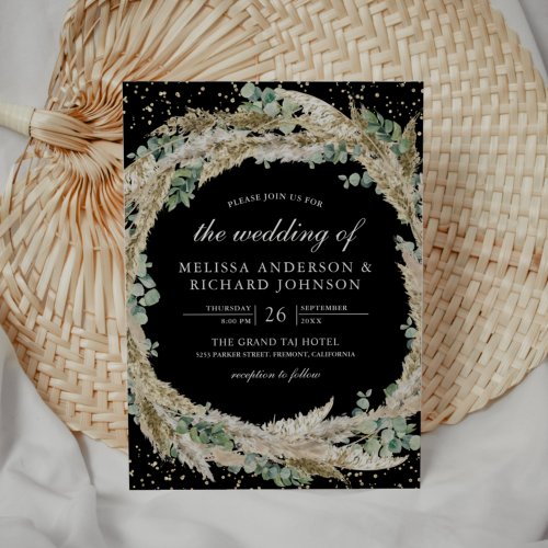 Rustic Boho Pampas Eucalyptus Wreath Black Wedding Invitation