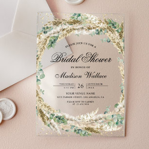 Rustic Boho Pampas Eucalyptus Wreath Bridal Shower Acrylic Invitations