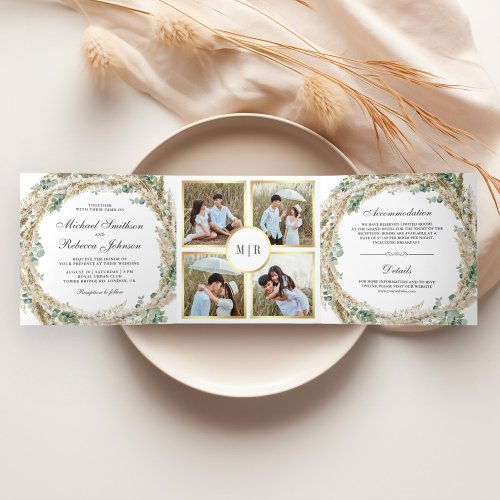 Rustic Boho Pampas Eucalyptus Wreath Wedding Tri_Fold Invitation