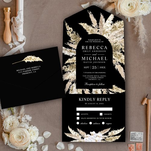 Rustic Boho Pampas Grass Black Arch Wedding All In One Invitation