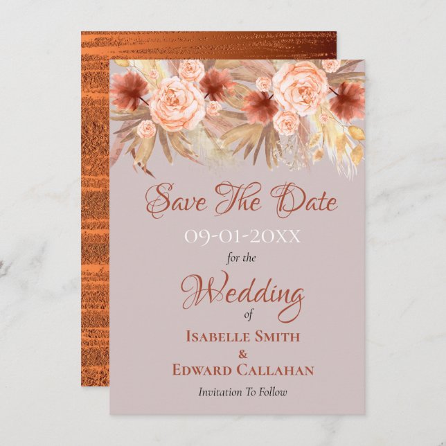 Rustic Boho Pampas Grass & Copper Wedding Save The Date (Front/Back)