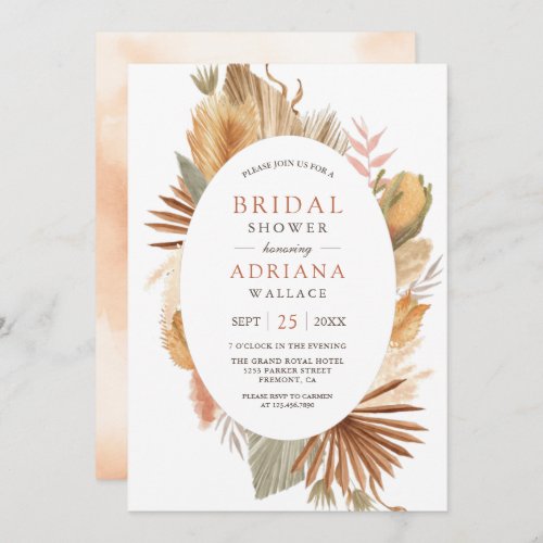 Rustic Boho Pampas Grass Dried Palm Bridal Shower Invitation