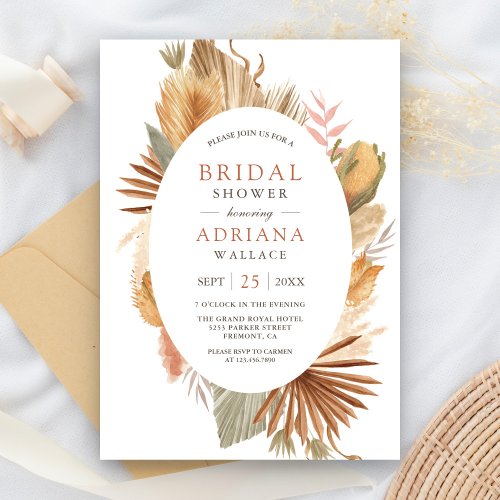 Rustic Boho Pampas Grass Dried Palm Bridal Shower Invitation