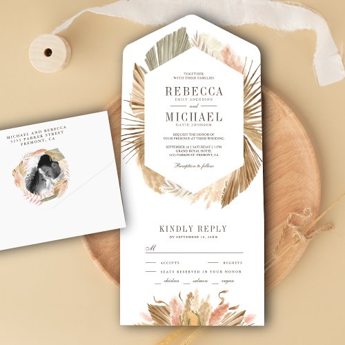 Rustic Boho Pampas Grass Dried Palm Leaves Wedding All In One Invitation