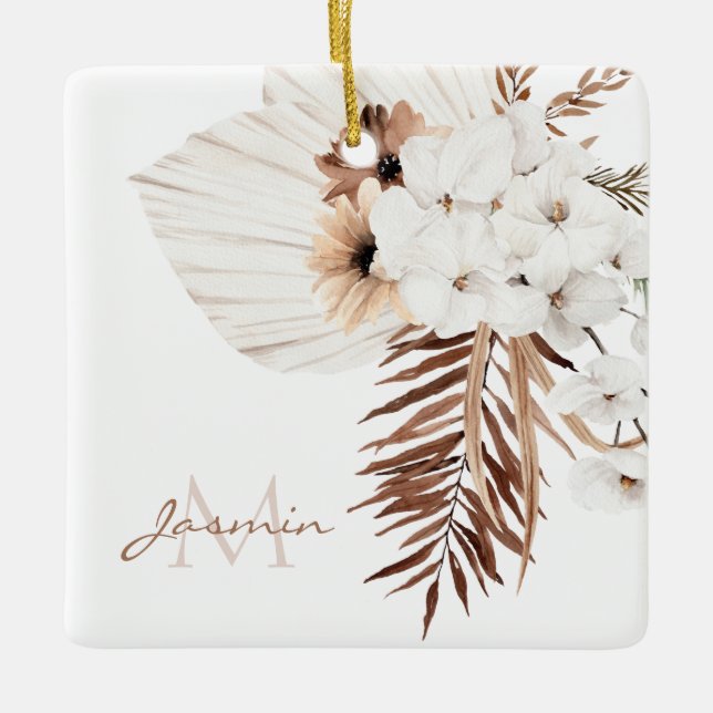 Rustic Boho Pampas Grass Floral Monogram Ceramic Ornament (Front)