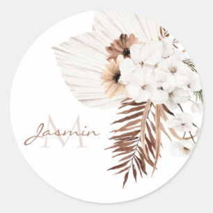 Rustic Boho Pampas Grass Floral Monogram Classic Round Sticker