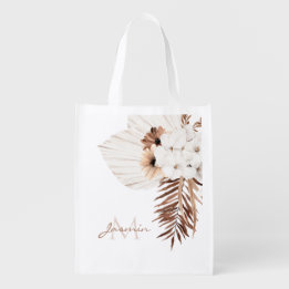 Rustic Boho Pampas Grass Floral Monogram Grocery Bag