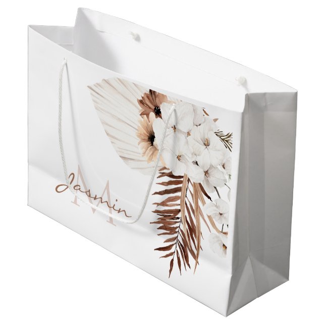 Rustic Boho Pampas Grass Floral Monogram Large Gift Bag (Front Angled)