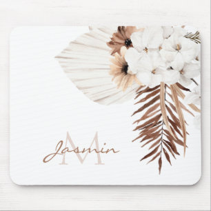 Rustic Boho Pampas Grass Floral Monogram Mouse Pad