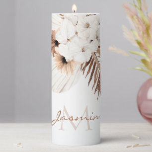 Rustic Boho Pampas Grass Floral Monogram Pillar Candle
