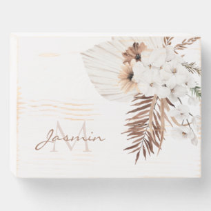 Rustic Boho Pampas Grass Floral Monogram Wooden Box Sign