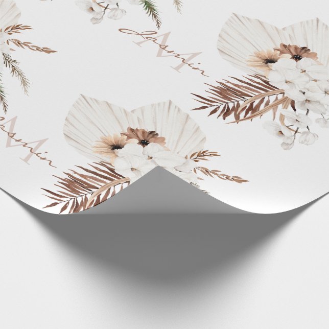 Rustic Boho Pampas Grass Floral Monogram Wrapping Paper (Corner)