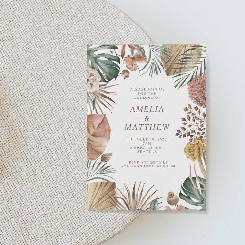 Rustic Boho Pampas Grass Greenery Wedding  Invitation