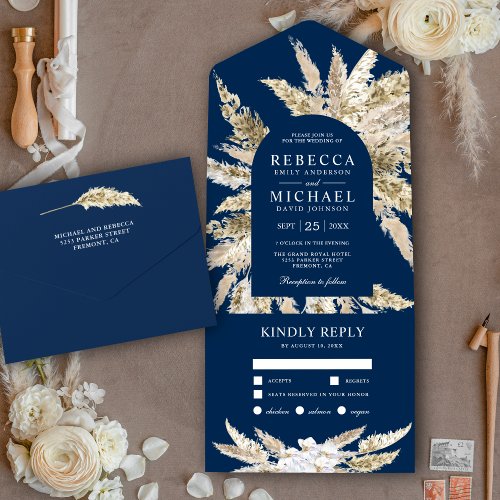 Rustic Boho Pampas Grass Navy Blue Arch Wedding All In One Invitation