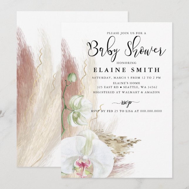 Rustic Boho Pampas Grass Orchid Baby Shower  Invitation (Front/Back)