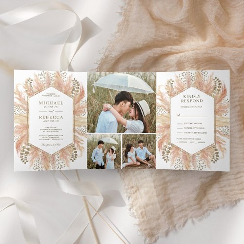 Rustic Boho Pampas Grass Photo Collage Wedding Tri_Fold Invitation