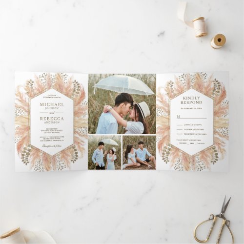 Rustic Boho Pampas Grass Photo Collage Wedding Tri_Fold Invitation