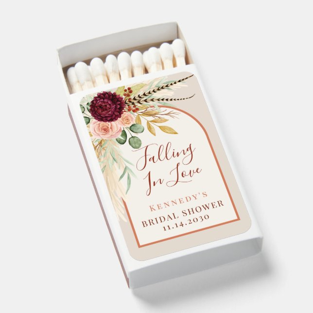 Rustic Boho Pampas Grass Rose Floral Bridal Shower Matchboxes (Front Open)