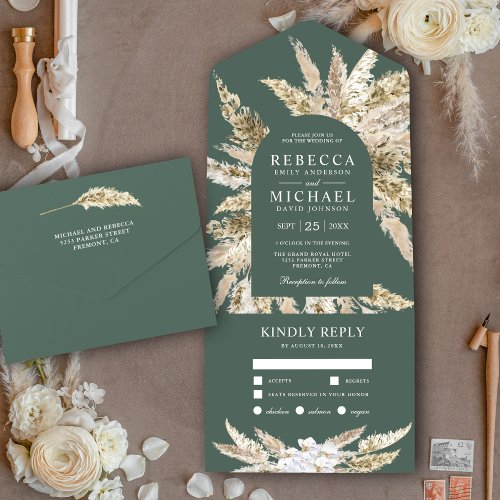 Rustic Boho Pampas Grass Sage Green Arch Wedding All In One Invitation