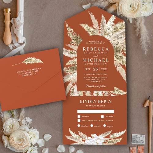 Rustic Boho Pampas Grass Terracotta Arch Wedding All In One Invitation