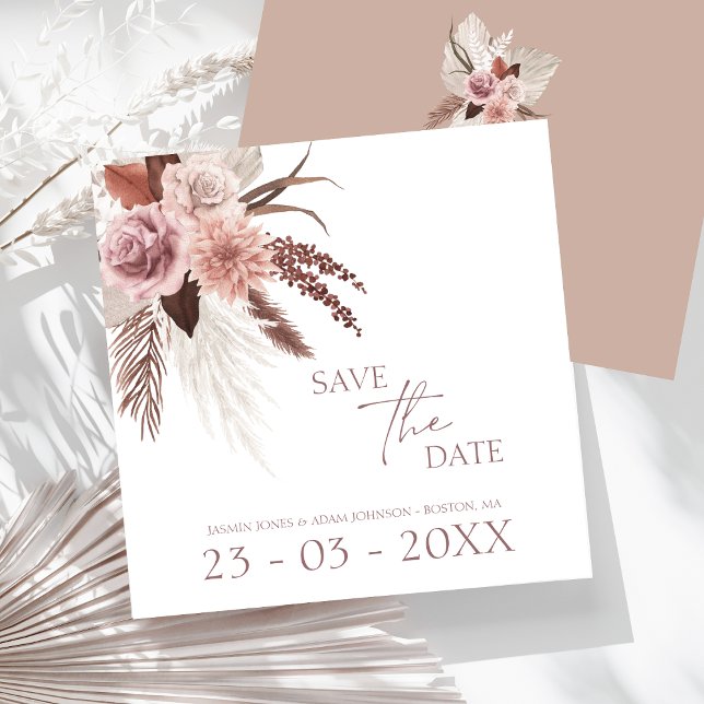 Rustic Boho Pampas Grass Terracotta Wedding Save The Date (Boho Dusty Pink Dried Flowers Pampas Grass Wedding Save The Date)
