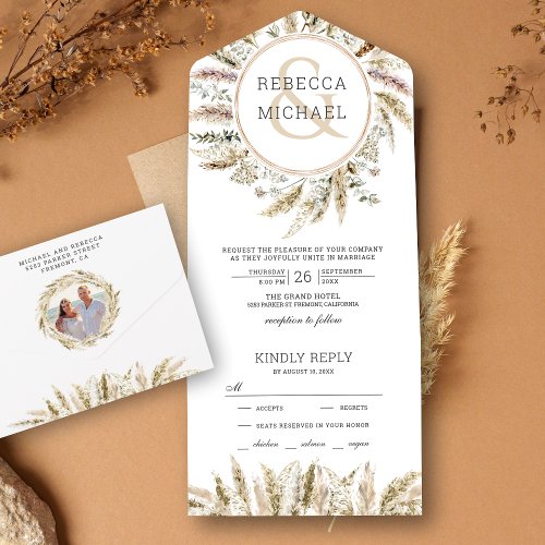 Rustic Boho Pampas Grass Wreath Ampersand Wedding All In One Invitation