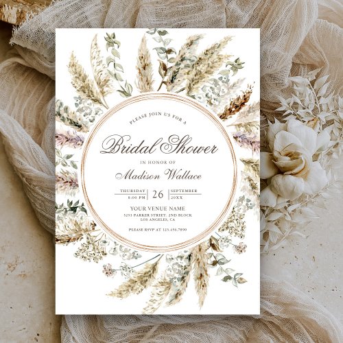 Rustic Boho Pampas Grass Wreath Bridal Shower Invitation