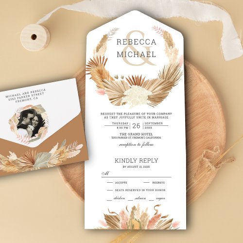 Rustic Boho Pampas Grass Wreath Dried Palm Wedding All In One Invitation