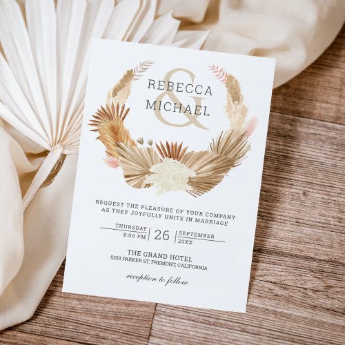 Rustic Boho Pampas Grass Wreath Dried Palm Wedding Invitation