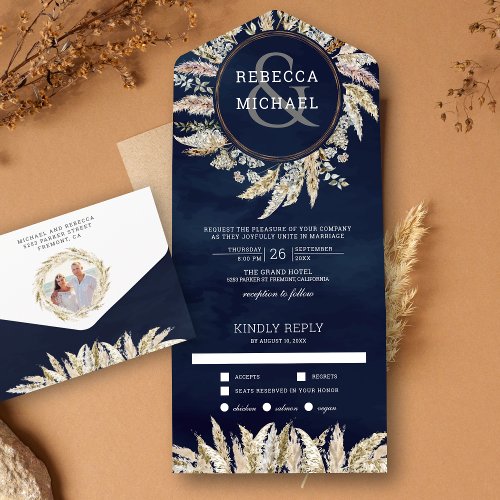 Rustic Boho Pampas Grass Wreath Navy Blue Wedding All In One Invitation