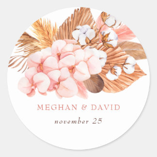 Rustic Boho Pampas Orchids Cotton Blush Wedding Classic Round Sticker