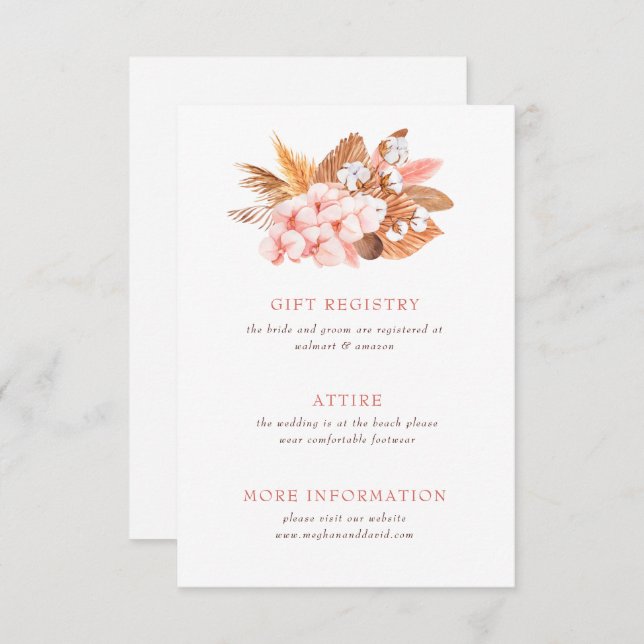 Rustic Boho Pampas Orchids Cotton Blush Wedding Enclosure Card (Front/Back)